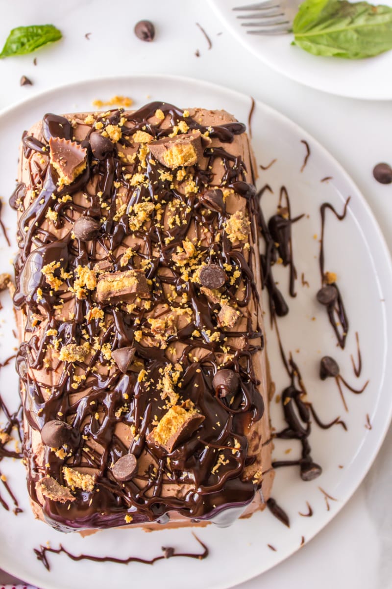 overhead view of fudgy chocolate peanut butter cup icebox cake