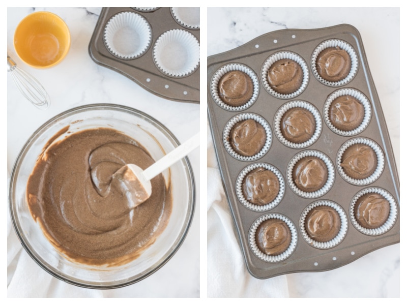 batter in a bowl and cupcake batter in muffin tin ready for oven