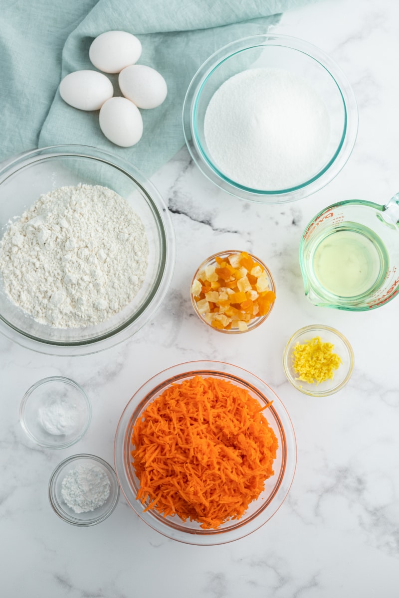 ingredients displayed for gingered carrot cake