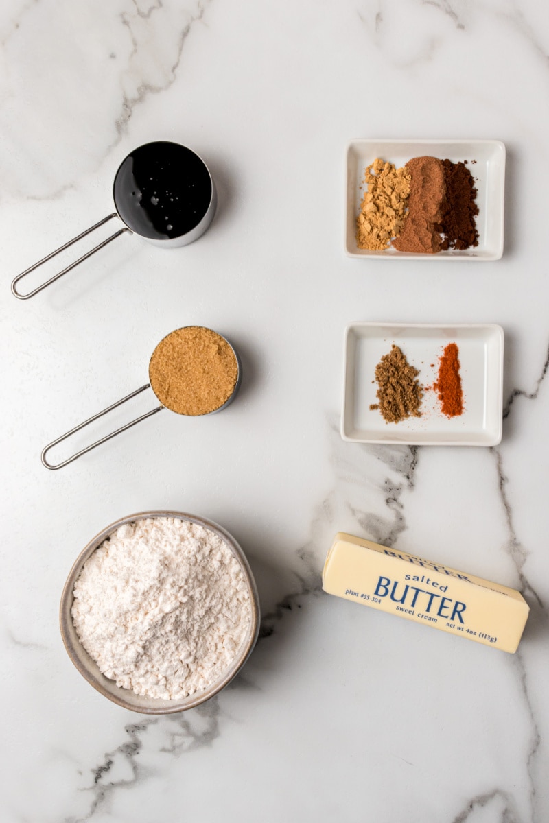 ingredients displayed for making gossamer spice cookies