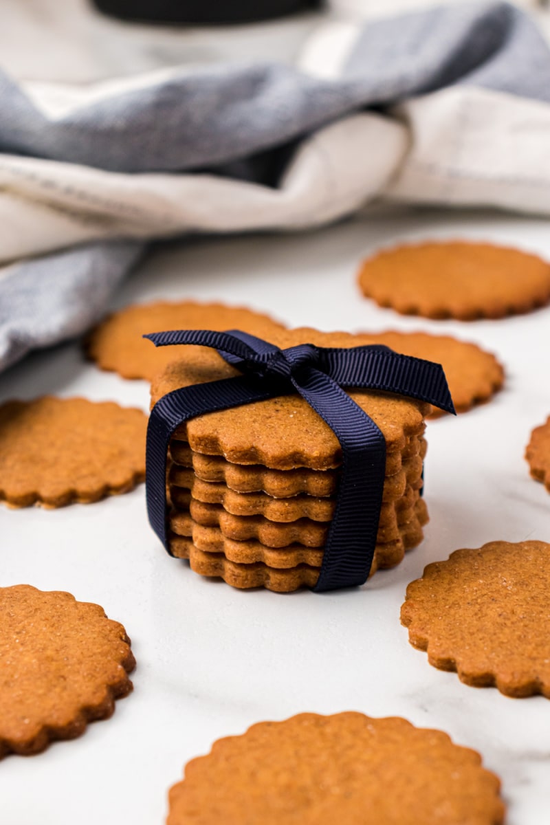 stack of cookies with ribbon tied around them