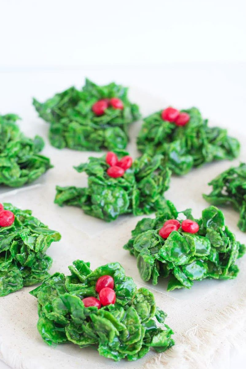 Holly Cookies with red cinnamon candy berries