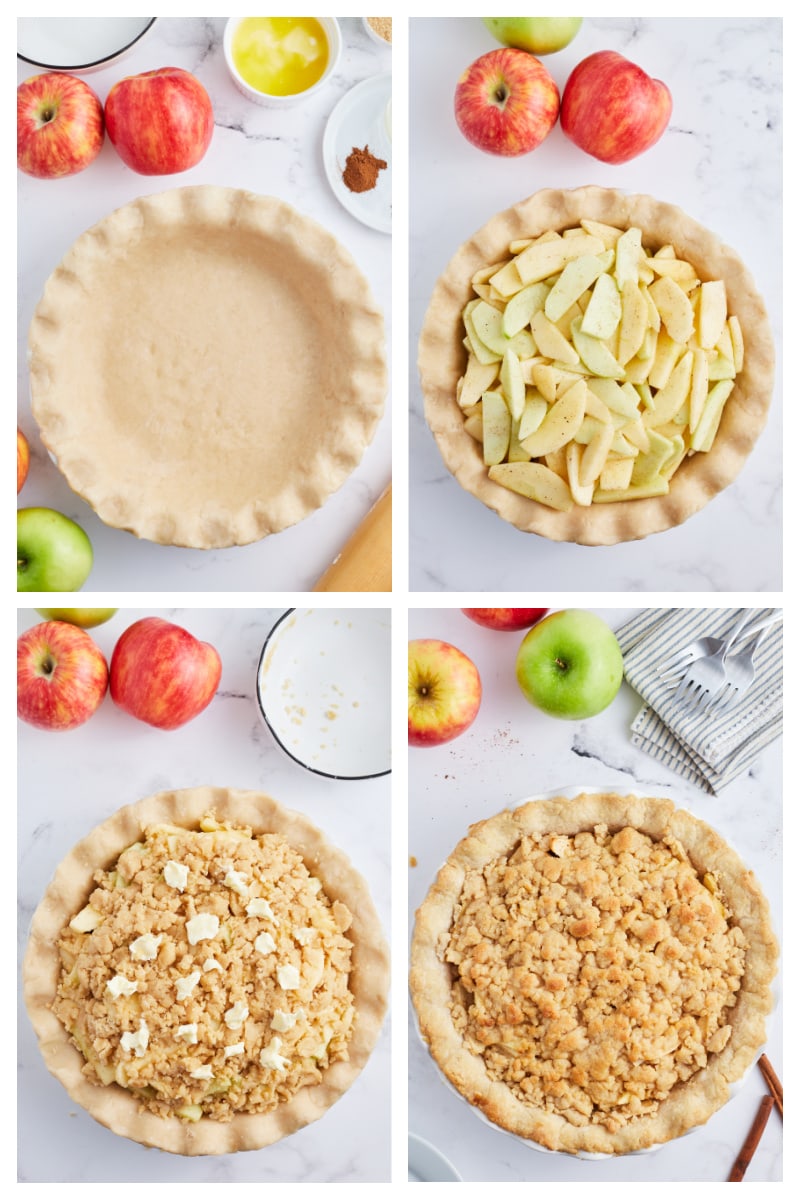 four photos showing how to make an apple pie