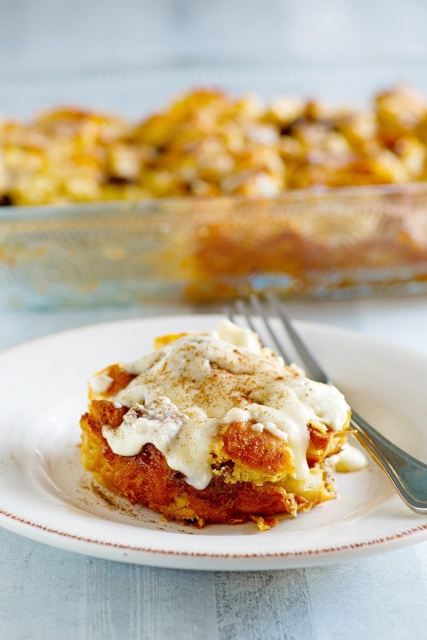 slice of irish bread pudding with caramel whiskey sauce