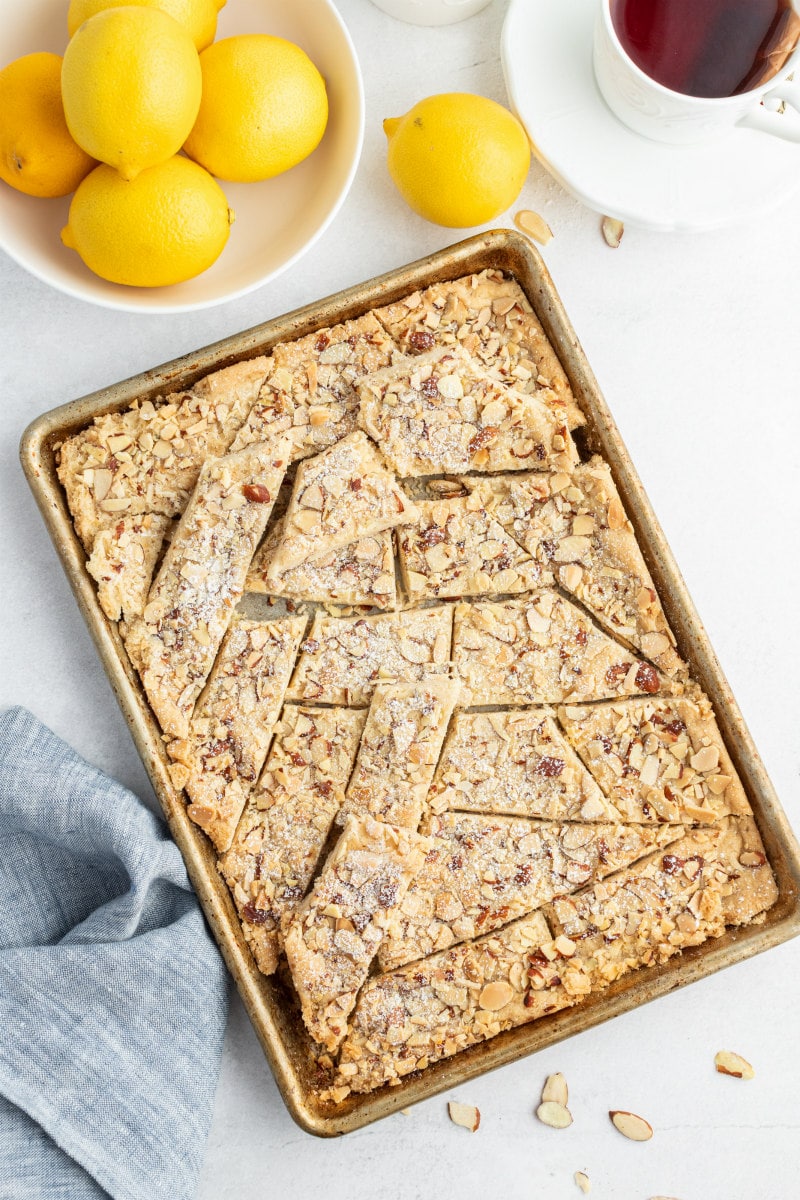 pan of lemon almond cookie brittle broken apart