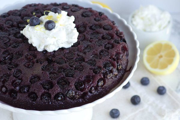 Lemon and Blueberry Upside Down Cake recipe from RecipeGirl.com