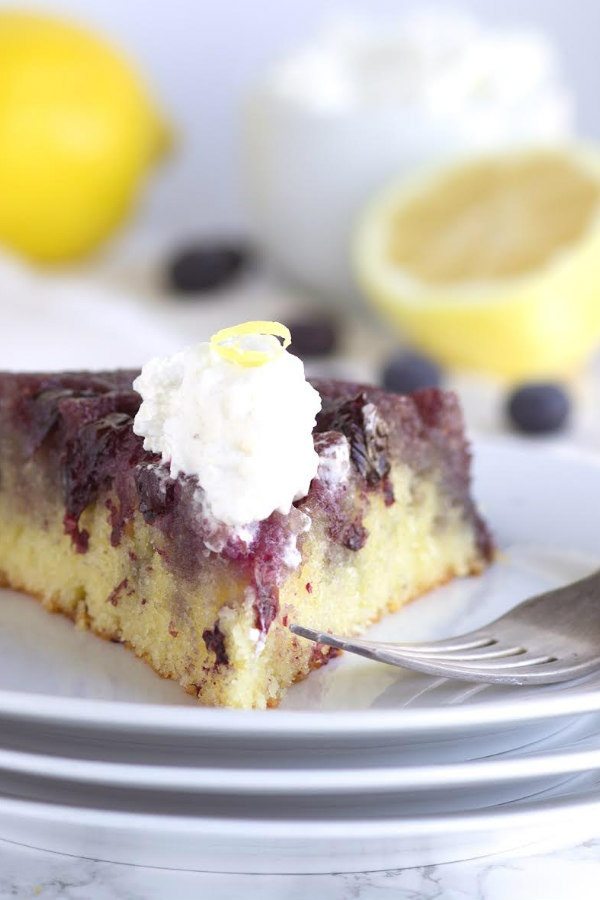 Lemon and Blueberry Upside Down Cake recipe from RecipeGirl.com
