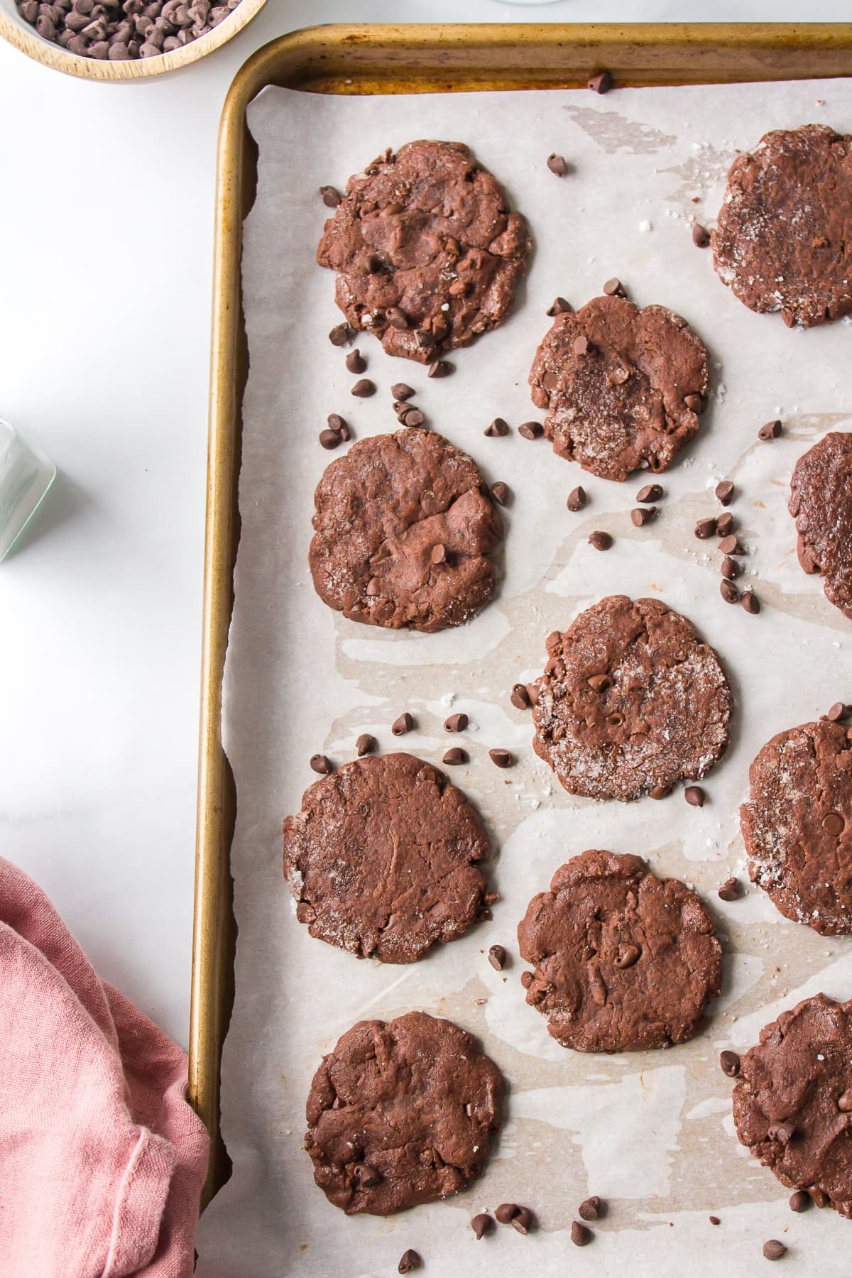 low fat chocolate cookies on a baking sheet