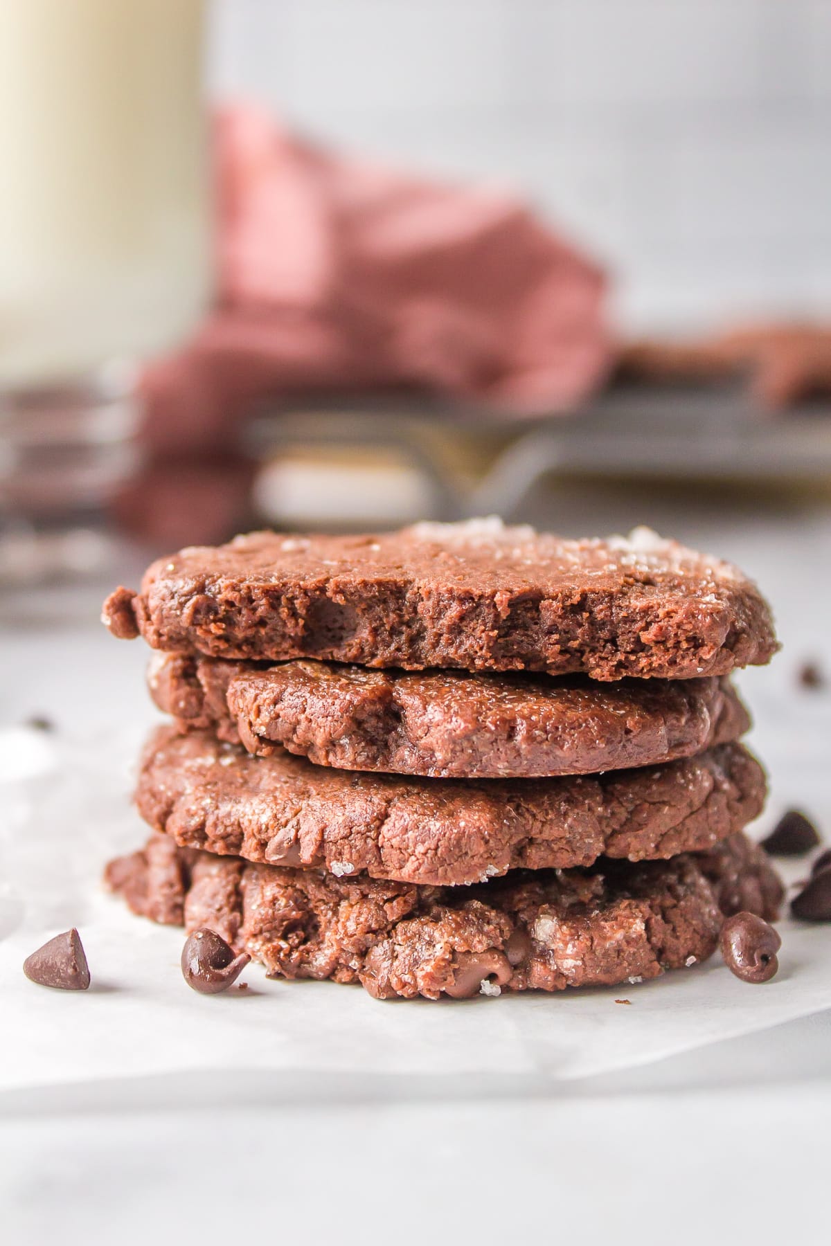 low fat chocolate cookies in a stack with cookie on top broken open