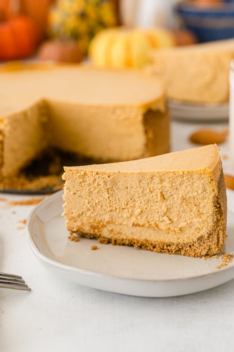 slice of low fat pumpkin cheesecake on a plate