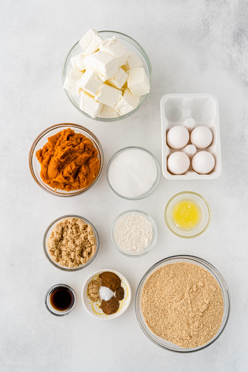 ingredients displayed for making low fat pumpkin cheesecake