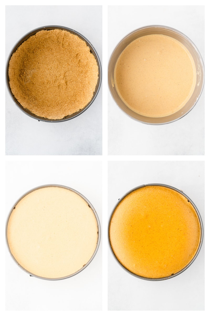 four photos showing how to make low fat pumpkin cheesecake