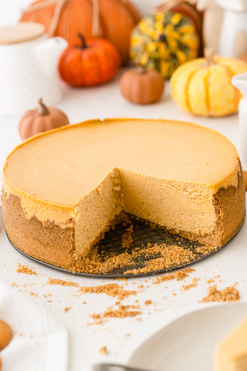 low fat pumpkin cheesecake with a big slice taken out of it