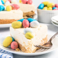 slice of malted mousse cake topped with easter eggs
