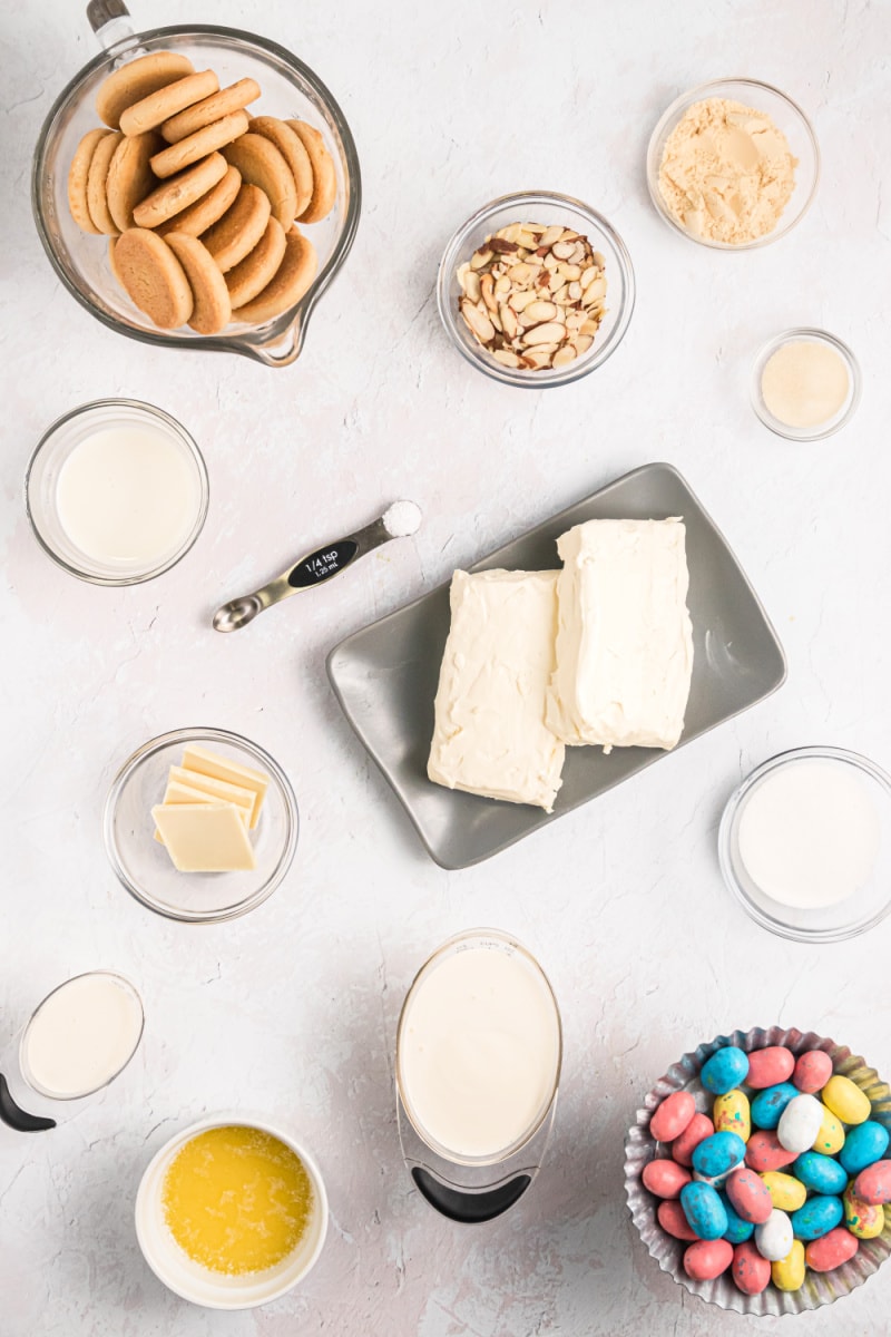 ingredients displayed for making malted mousse cake