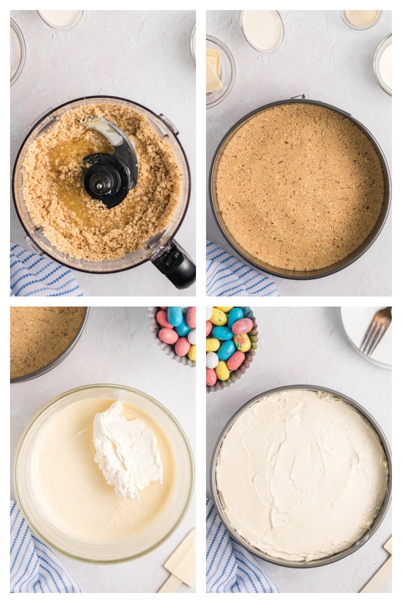 four photos showing assembly of malted mousse cake