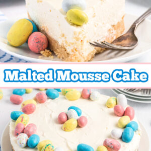 pinterest image for malted mousse cake