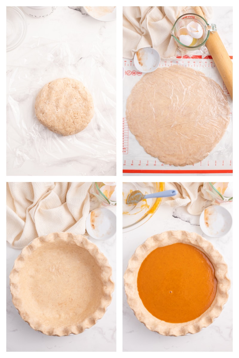 four photos showing how to assemble crust and filling for maple pumpkin pie
