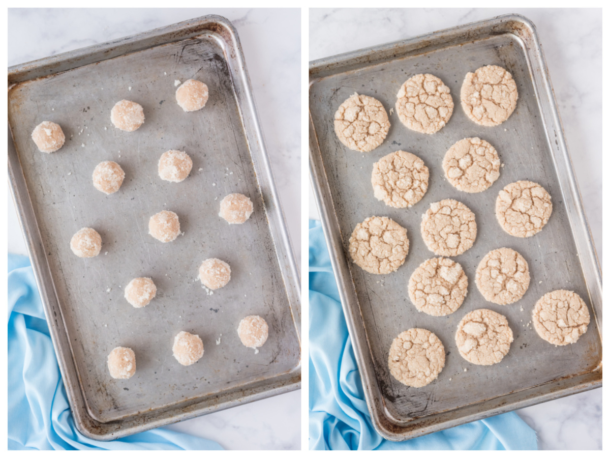 two photos - cookie dough on baking sheet and then baked cookies 