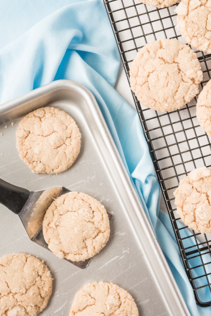 maple snickerdoodles on baking sheet and rack