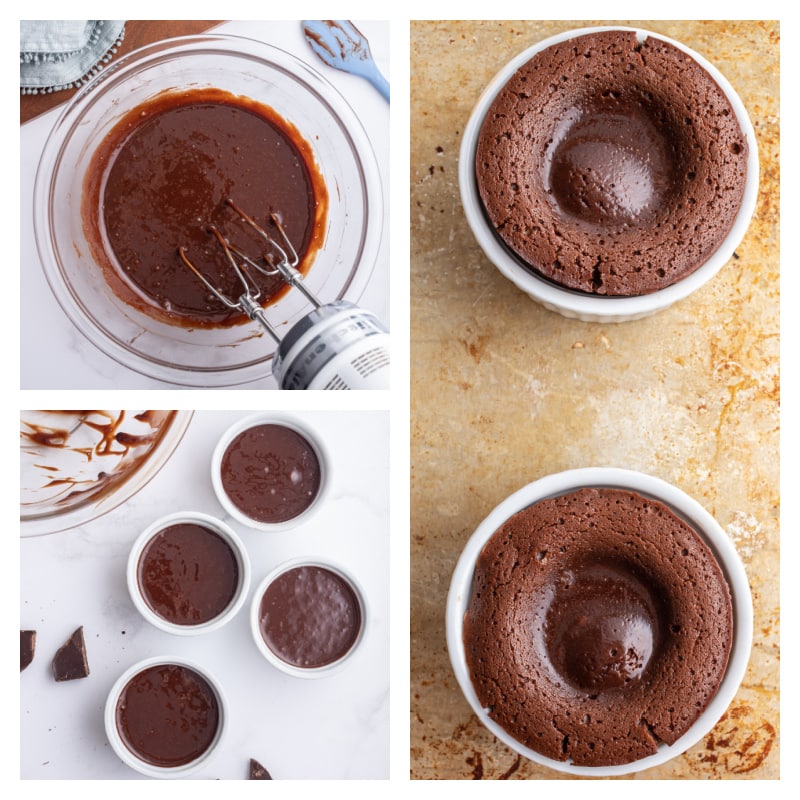 four photos showing how to make a molten chocolate cake