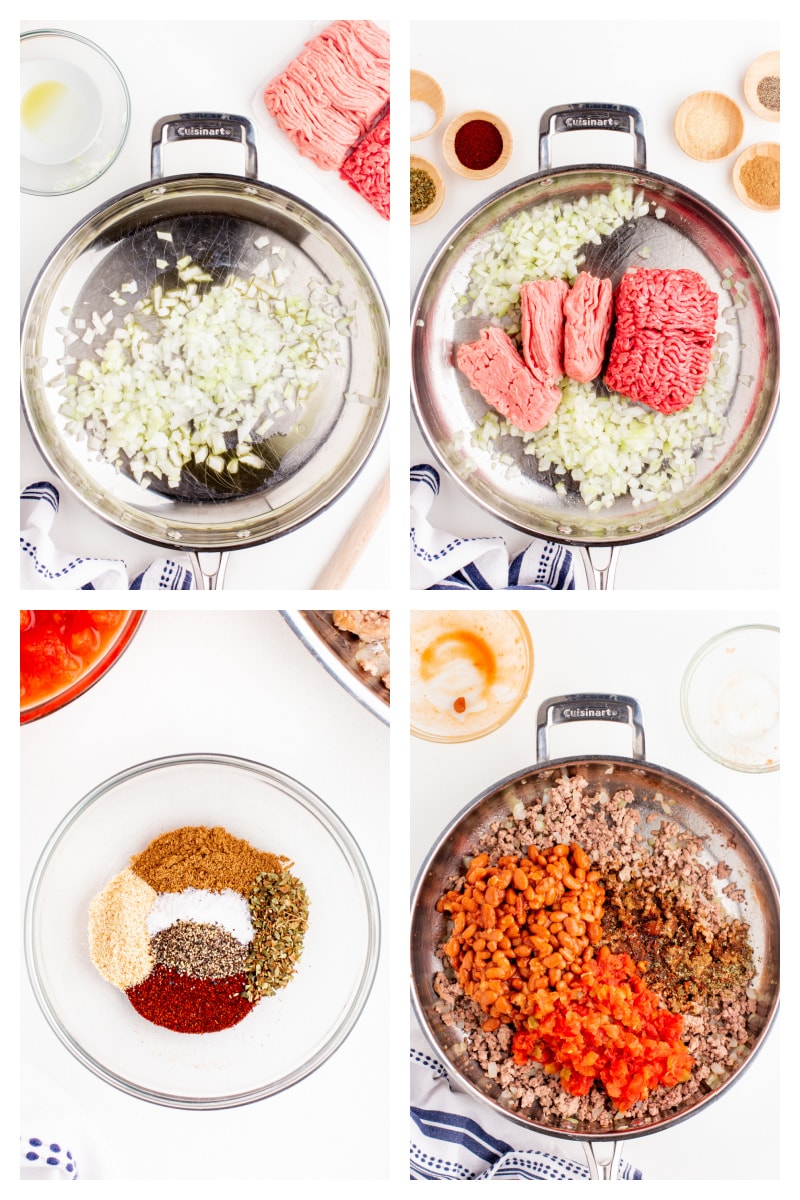 four photos showing how to make meat for mom's tacos