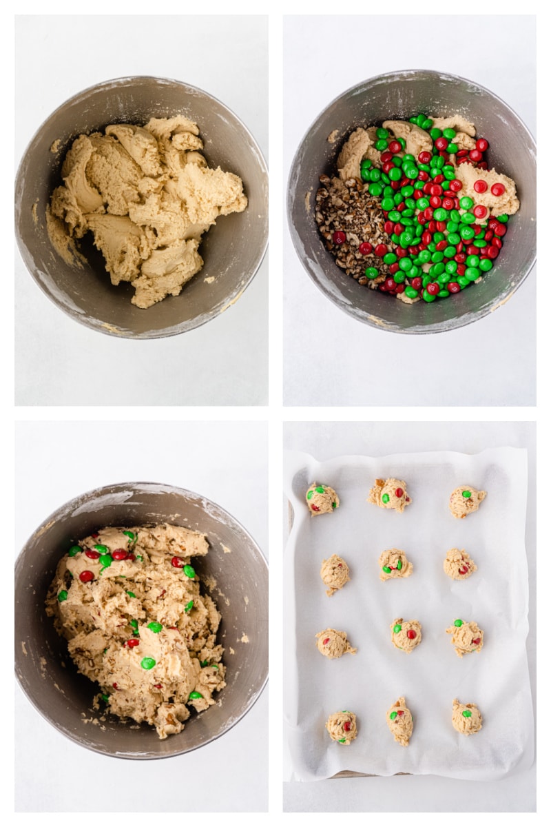 four photos showing how to make dough for mountain christmas cookies