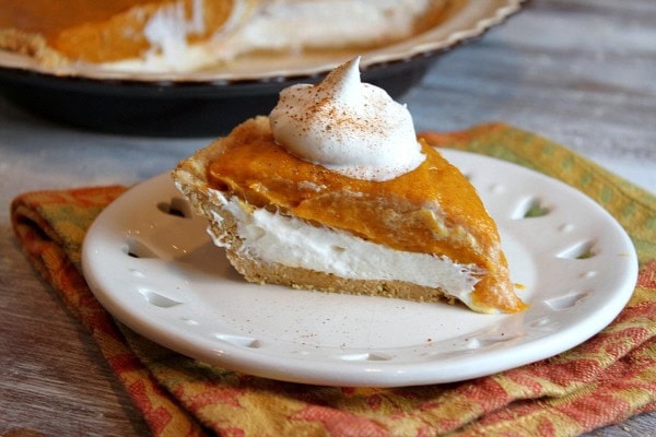 slice of pumpkin pie on a white plate