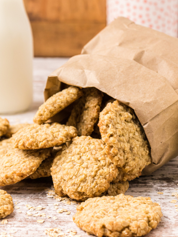 oatmeal cookies coming out of a paper bag