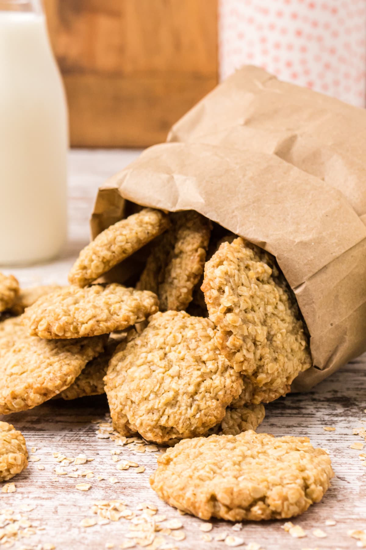 oatmeal cookies coming out of a paper bag