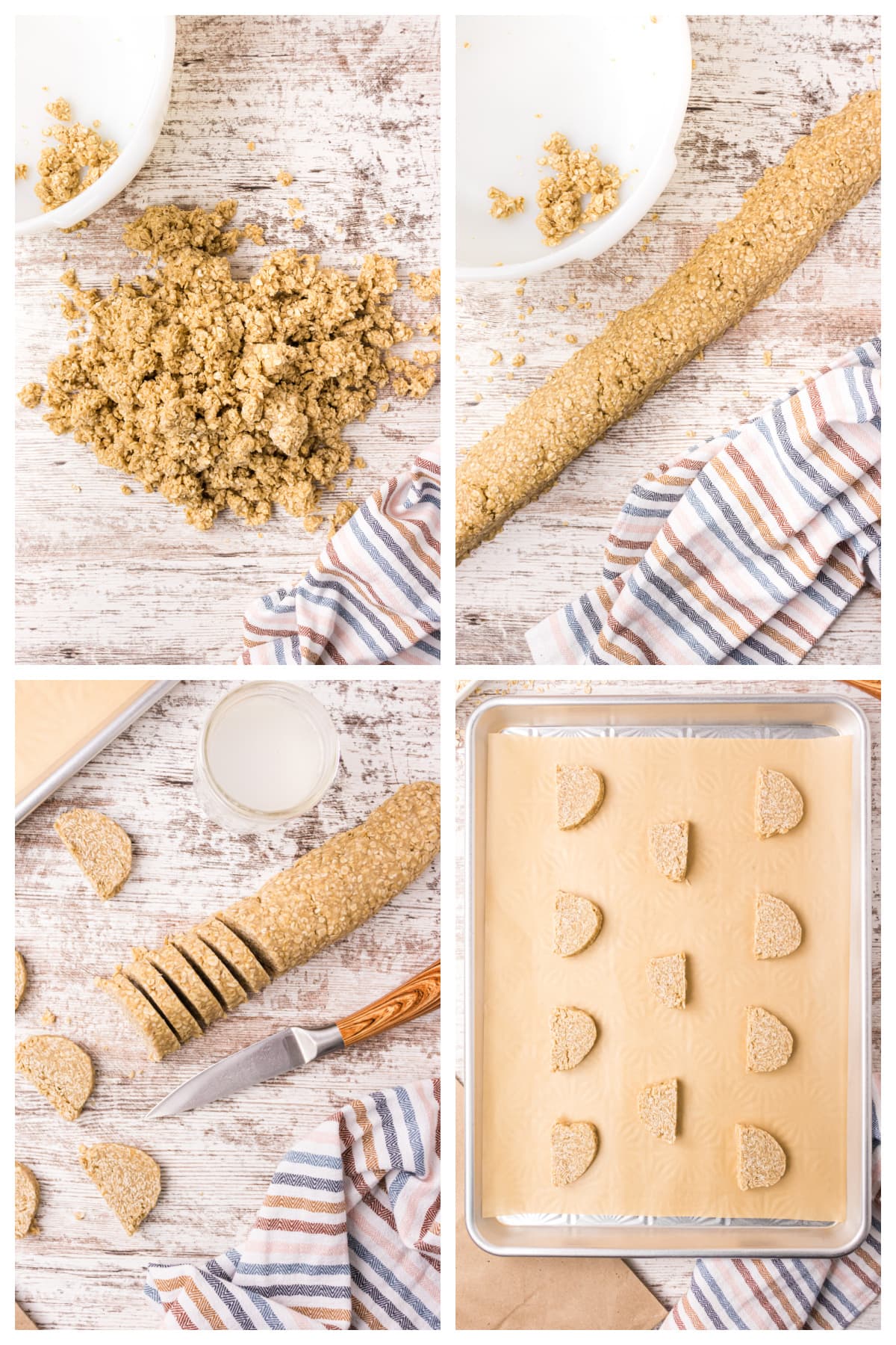 four photos showing how to make paper bag oatmeal cookies