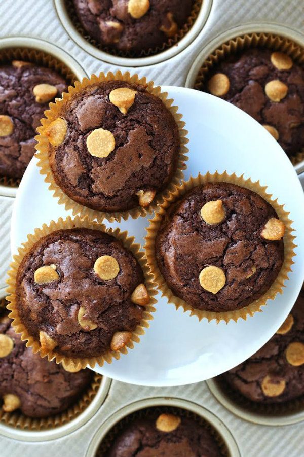 Peanut Butter Chip Brownie Cupcakes on a White Plate