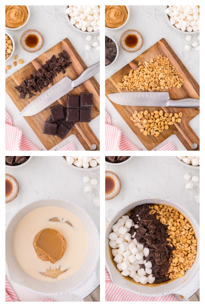 four photos showing how to make peanut butter chocolate fudge