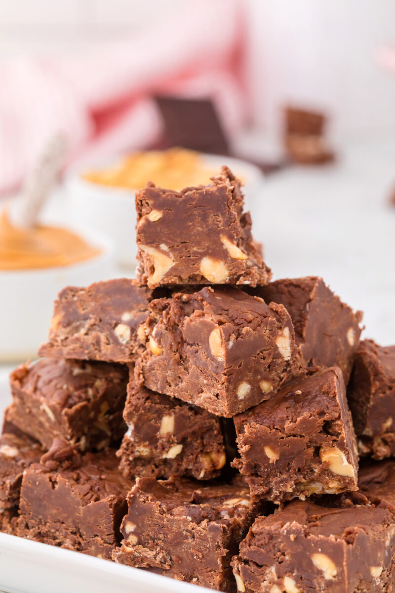stack displayed of peanut butter chocolate fudge