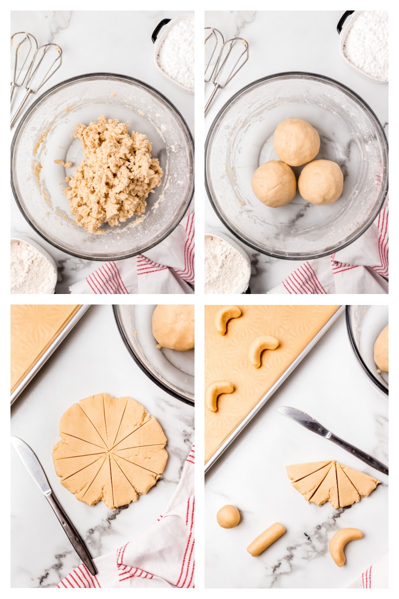 four photos showing how to make and assemble dough for peppermint crescents