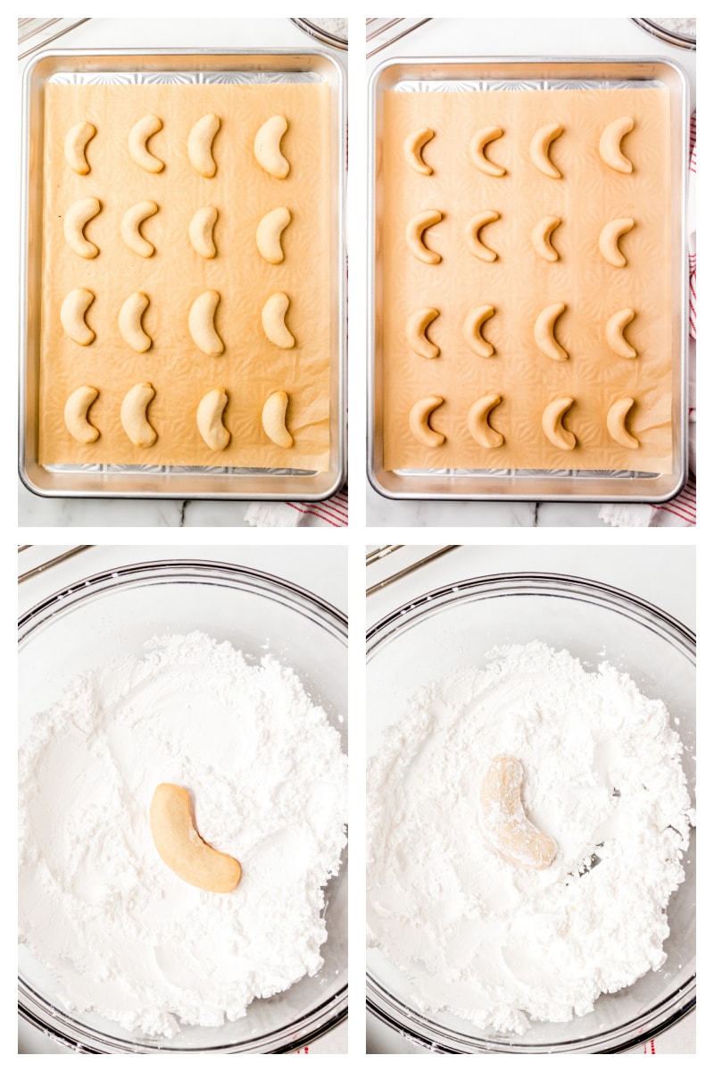 four photos showing how to bake and coat peppermint crescents