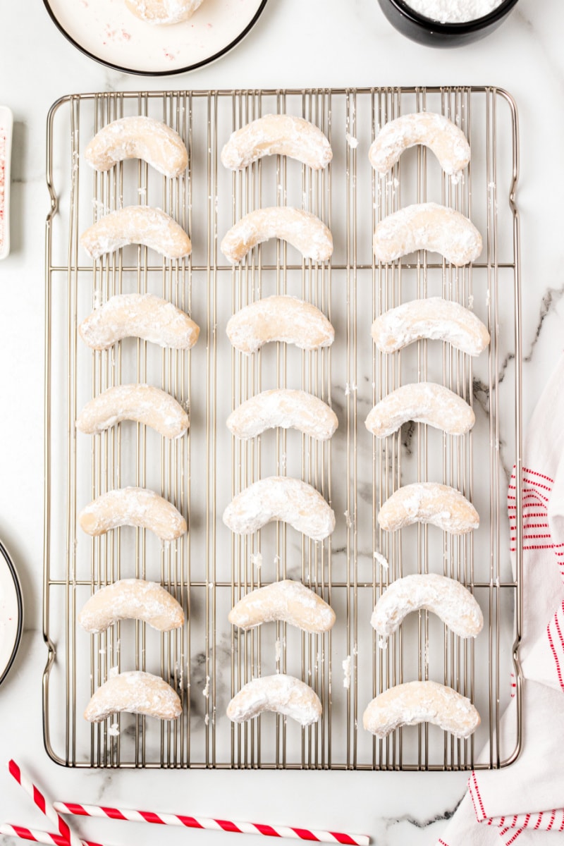 peppermint crescents on a cooling rack