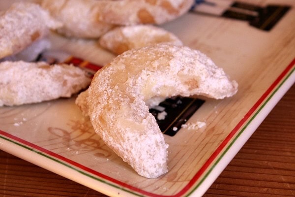 peppermint crescent cookies on a plate