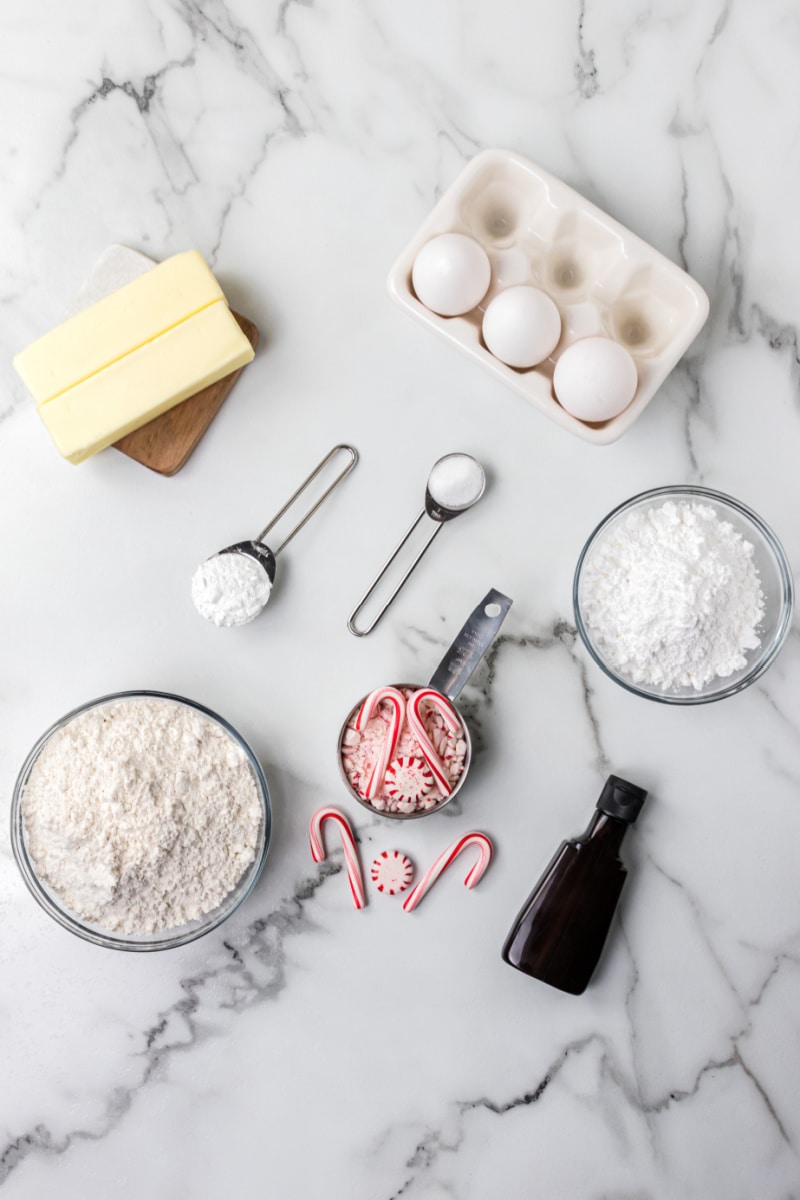 ingredients displayed for making peppermint sugar cookies