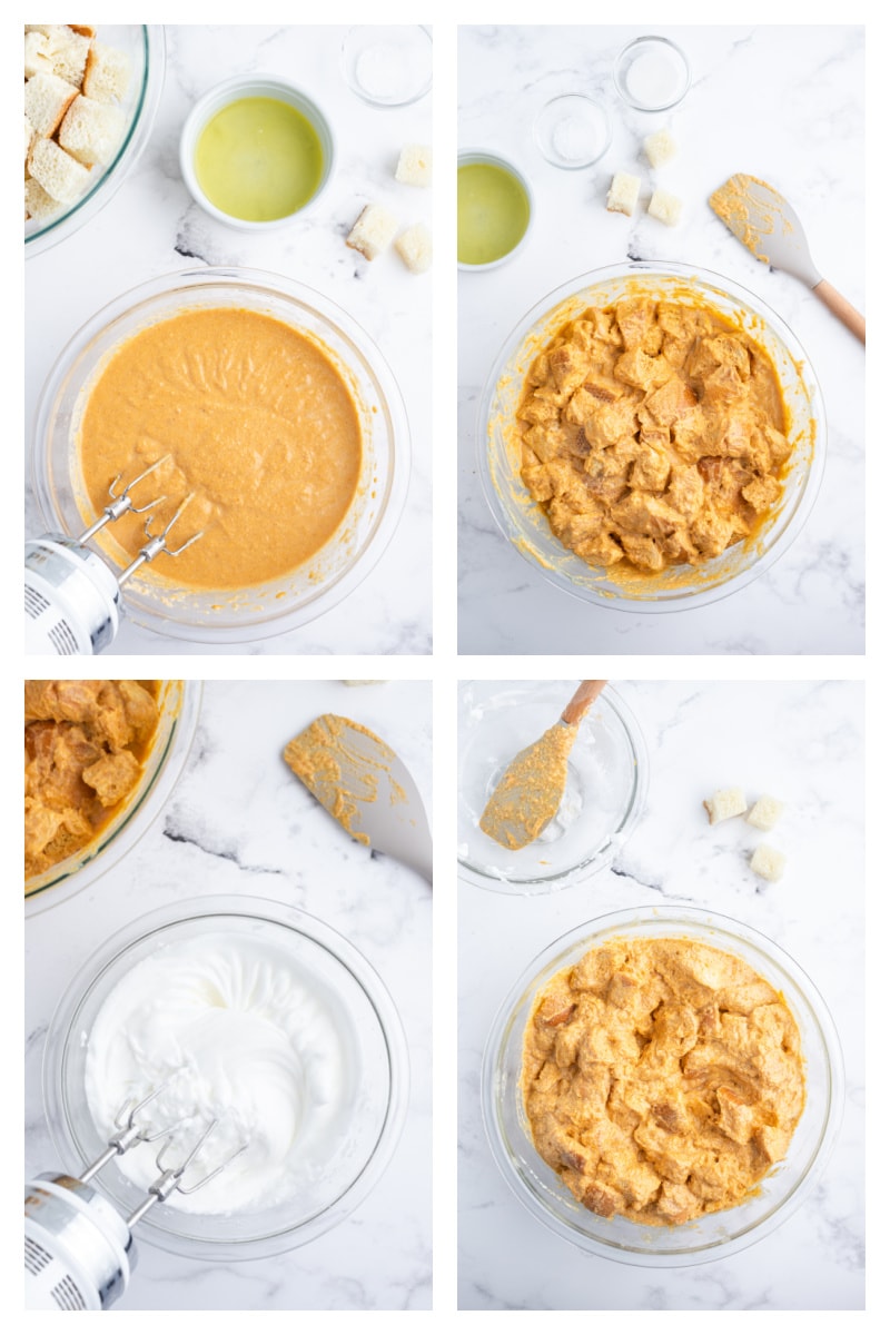 four photos showing how to make pumpkin bread pudding- soaking bread with pumpkin cream in a bowl