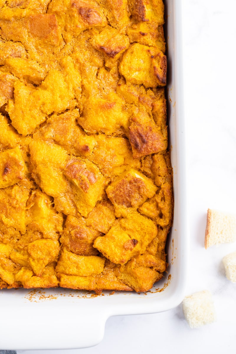 pumpkin bread pudding in a casserole dish