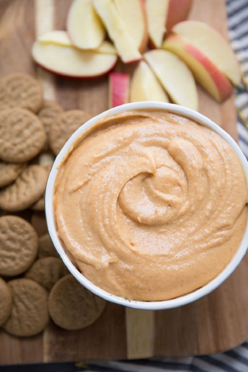 pumpkin spice dip in a bowl served with cookies