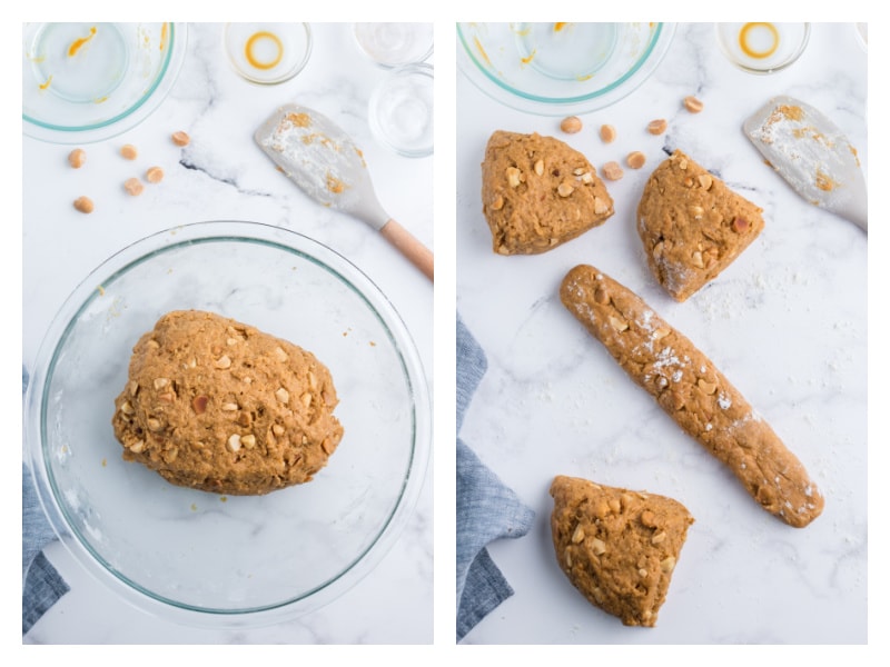two photos showing making pumpkin biscotti dough