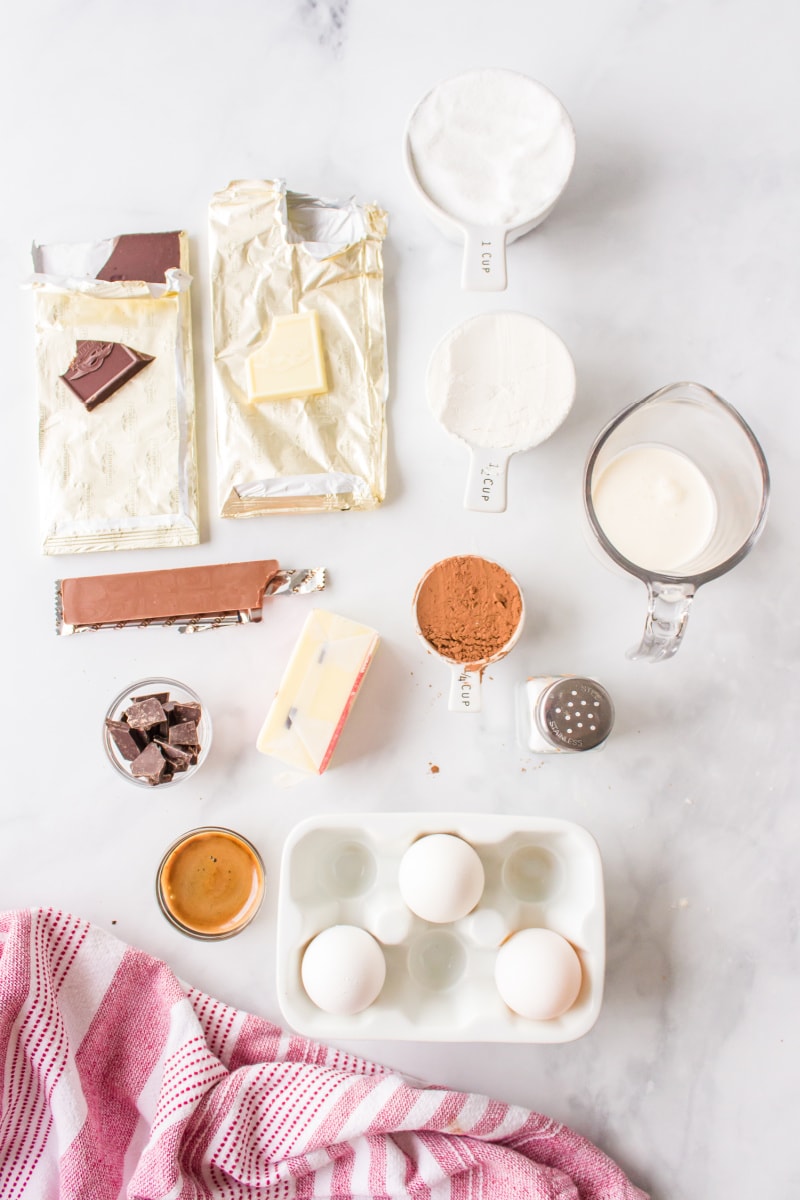 ingredients displayed for making quintuple chocolate brownies