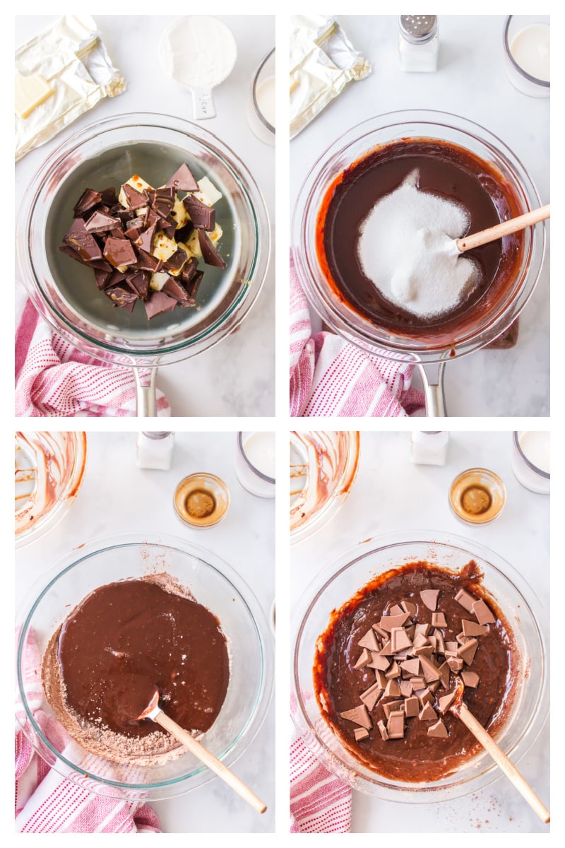 four photos showing how to make brownie batter