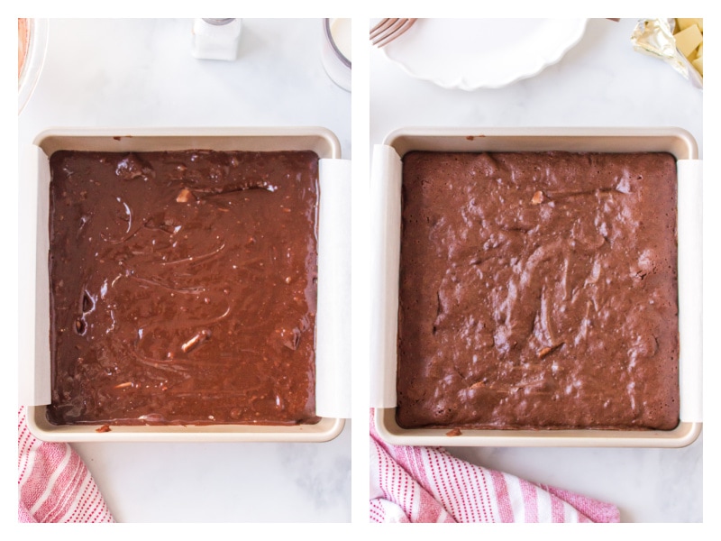two photos showing brownie batter in pan and then baked