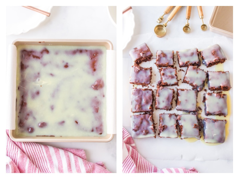 two photos showing iced brownies in pan and then cut brownies