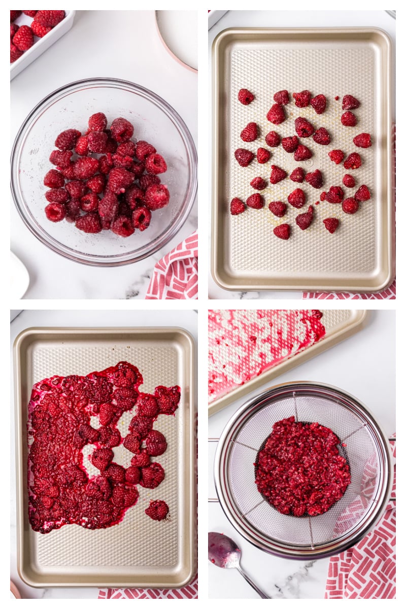 four photos showing how to make roasted raspberries