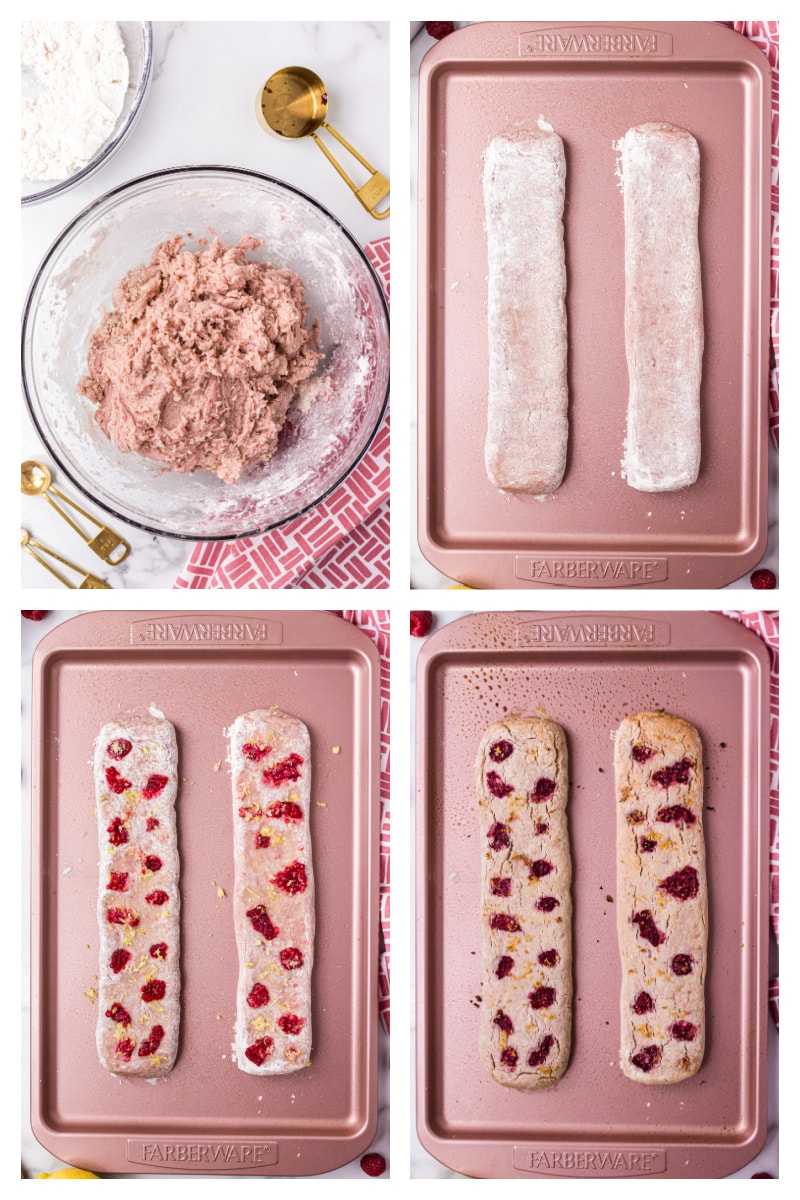 four photos showing how to form biscotti loaf and then baked