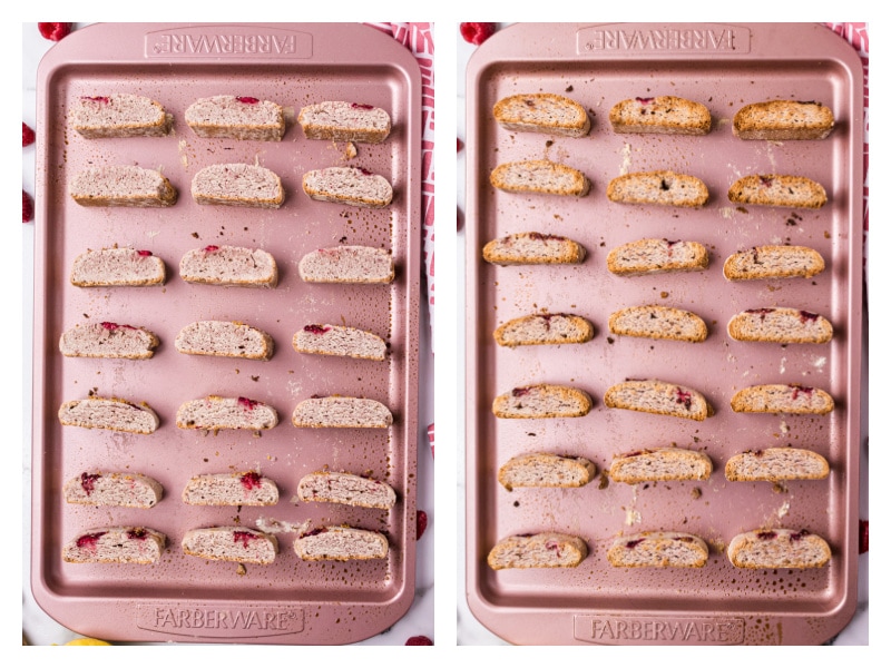 two photos sharing how biscotti looks before and after baking (on baking sheet)